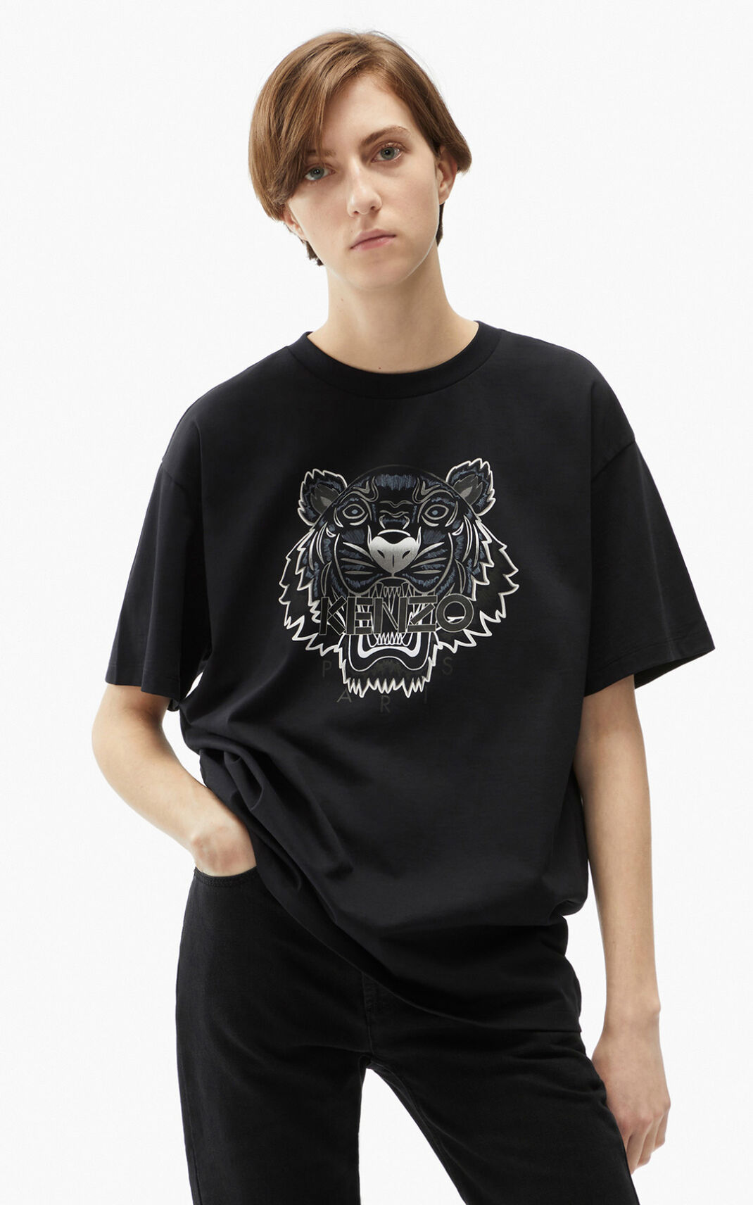 T Shirt Kenzo Oversize Tiger Femme Noir | NDHL-28146